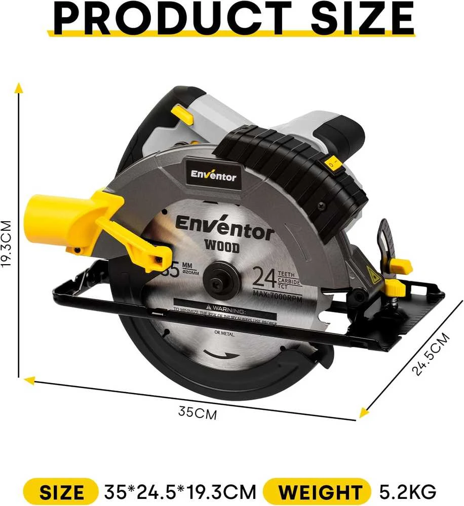 Enventor rankinis diskinis pjūklas 1650 W, 5500 aps./min.., lazerinis vedlys, 185 mm diskas, pjovimas iki 62 mm, 76339