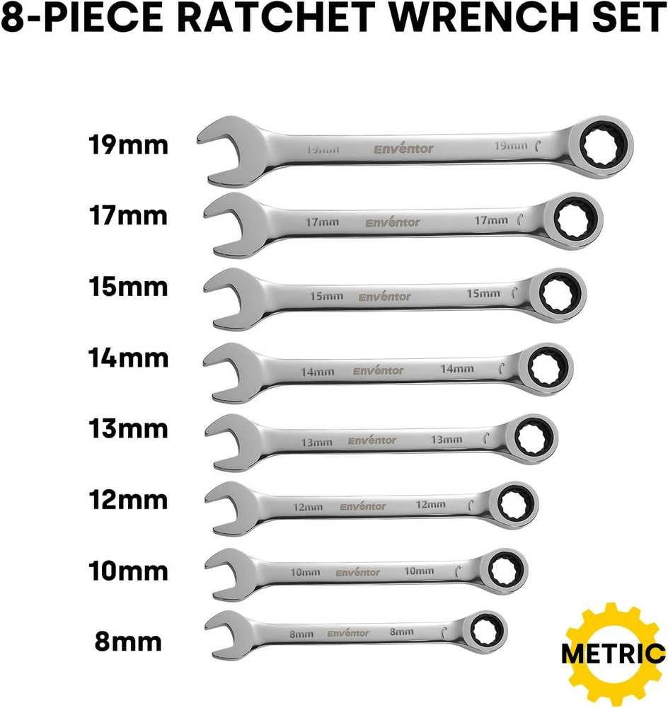Enventor veržliarakčių su terkšle rinkinys 8 vnt., metriniai, 8–19 mm, Cr-V plienas, DS001