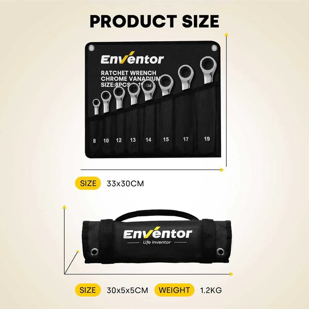 Enventor veržliarakčių su terkšle rinkinys 8 vnt., metriniai, 8–19 mm, Cr-V plienas, DS001