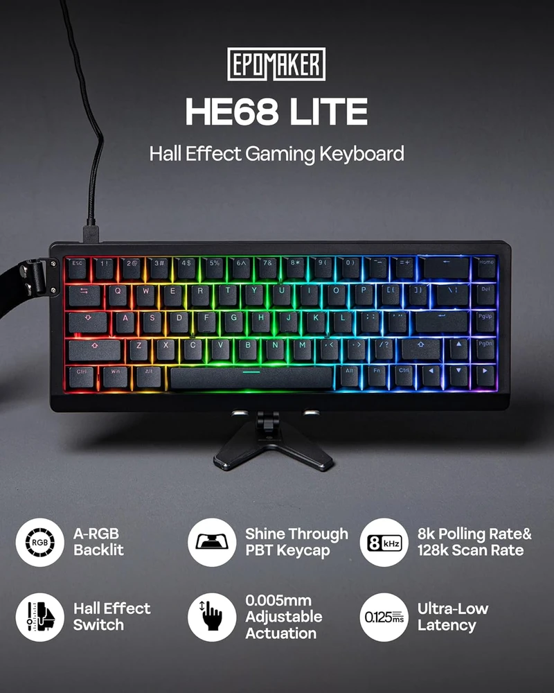 Epomaker 65 proc. magnetinė mechaninė žaidimų klaviatūra su A-RGB apšvietimu, USB-C, HE68 Lite