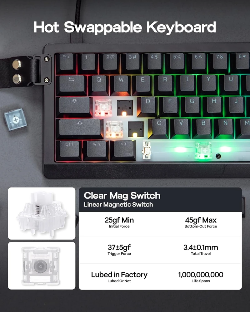 Epomaker 65 proc. magnetinė mechaninė žaidimų klaviatūra su A-RGB apšvietimu, USB-C, HE68 Lite