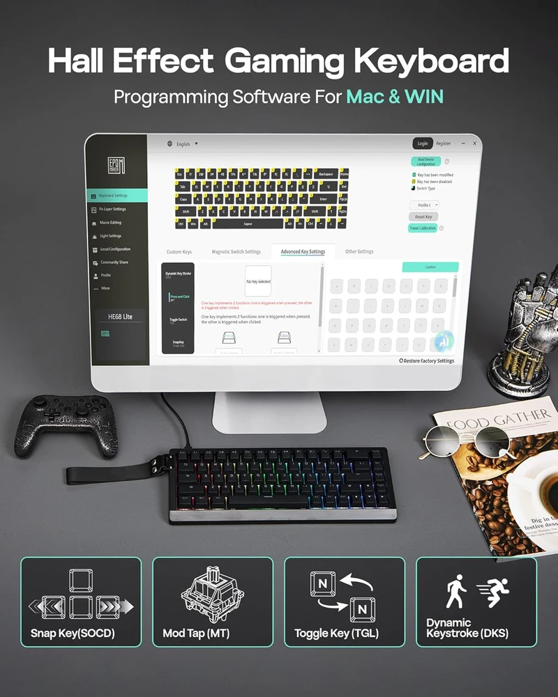 Epomaker 65 proc. magnetinė mechaninė žaidimų klaviatūra su A-RGB apšvietimu, USB-C, HE68 Lite