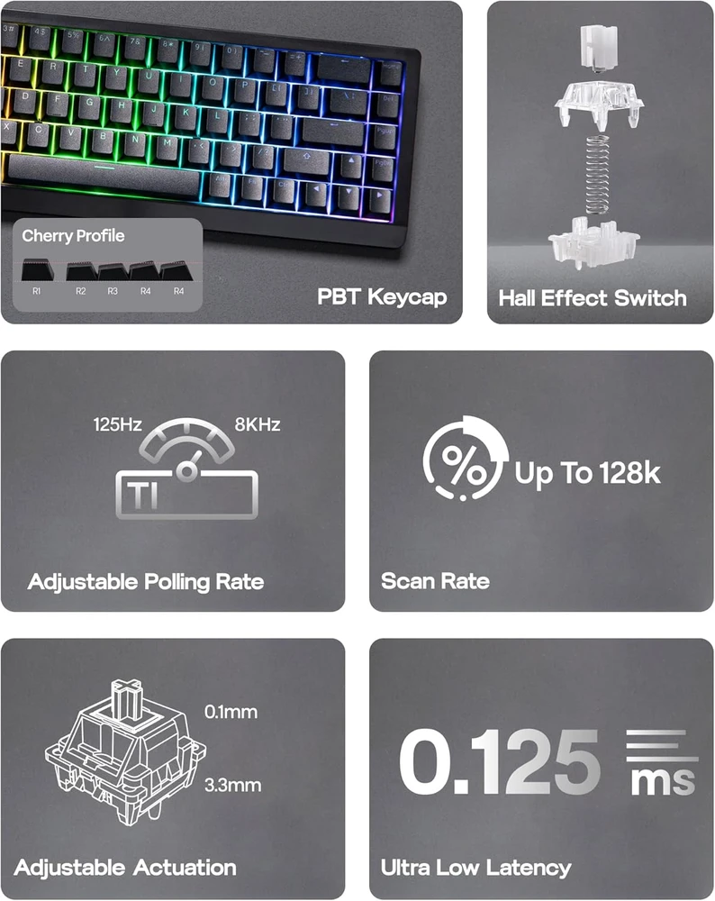 Epomaker 65 proc. magnetinė mechaninė žaidimų klaviatūra su A-RGB apšvietimu, USB-C, HE68 Lite