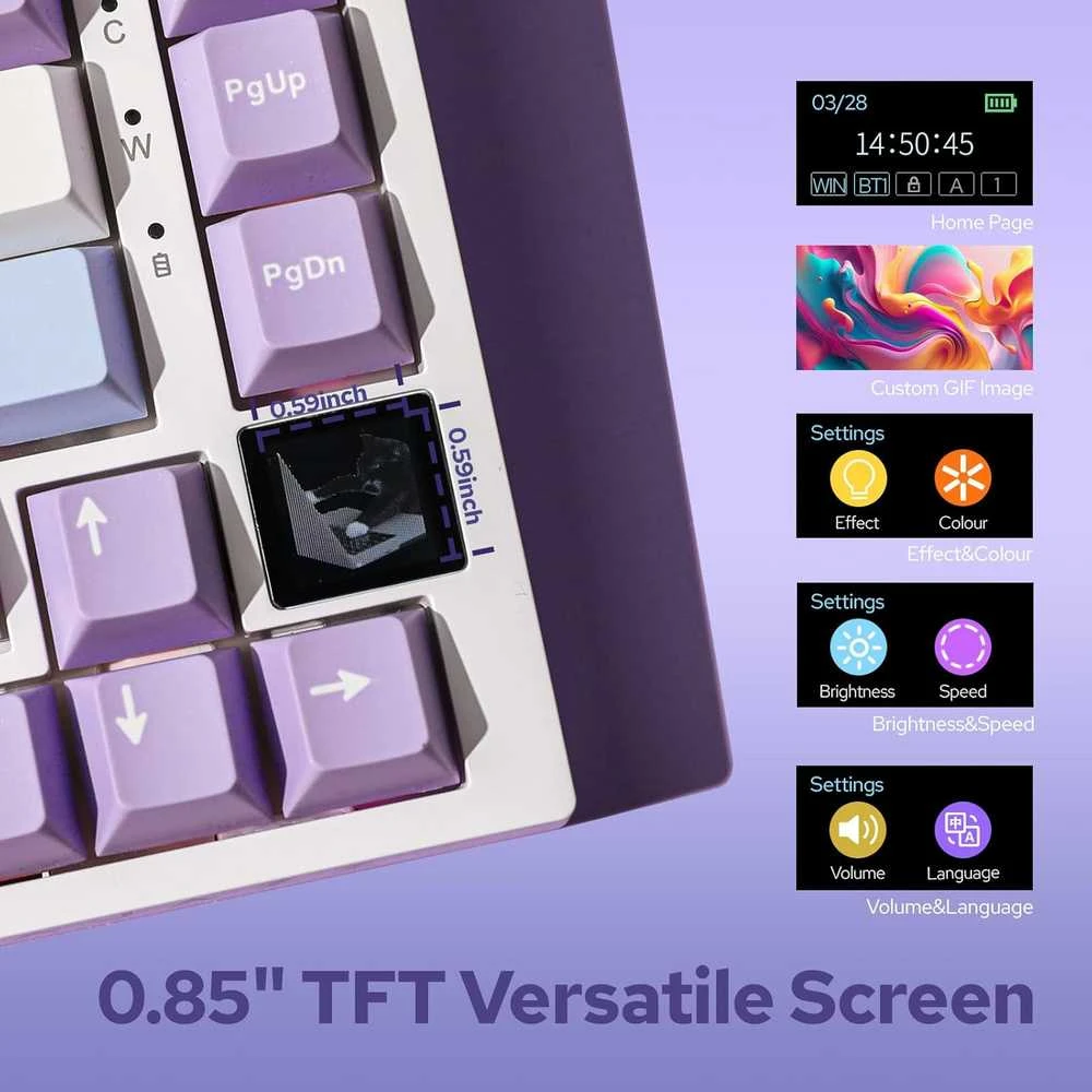 EPOMAKER Ajazz AK820 Pro belaidė 75% mechaninė žaidimų klaviatūra su TFT ekranu, RGB, BT 5.1/2.4 GHz, USB-C, balta–violetinė