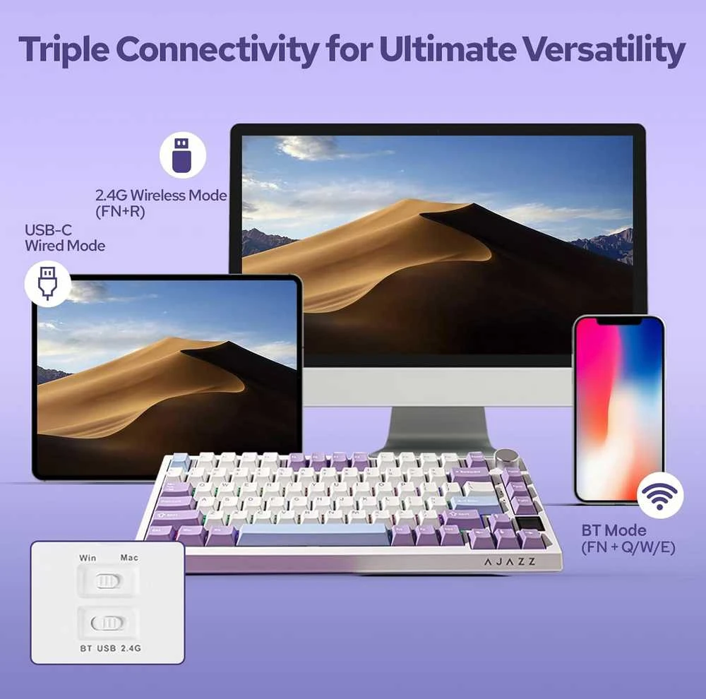 EPOMAKER Ajazz AK820 Pro belaidė 75% mechaninė žaidimų klaviatūra su TFT ekranu, RGB, BT 5.1/2.4 GHz, USB-C, balta–violetinė
