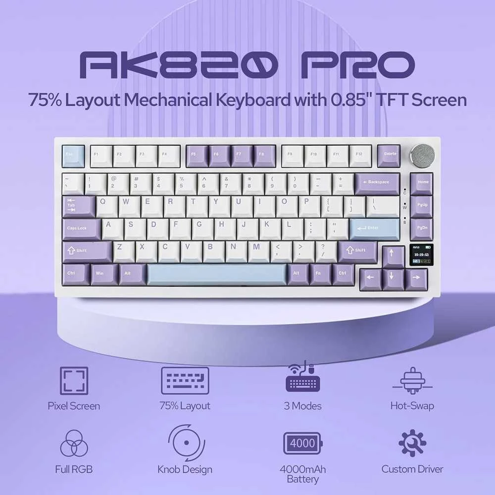 EPOMAKER Ajazz AK820 Pro belaidė 75% mechaninė žaidimų klaviatūra su TFT ekranu, RGB, BT 5.1/2.4 GHz, USB-C, balta–violetinė