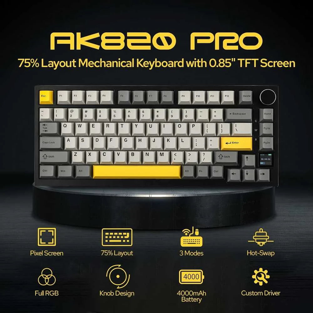 EPOMAKER Ajazz AK820 Pro bevielė mechaninė klaviatūra, RGB, TFT ekranas, pilka