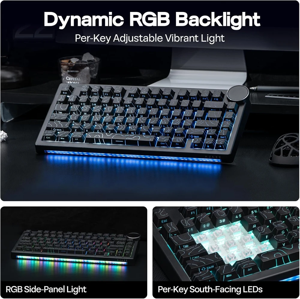 Epomaker AJAZZ AK820 V2 belaidė mechaninė klaviatūra, 75%, RGB, QWERTY, Hot-Swap, juoda