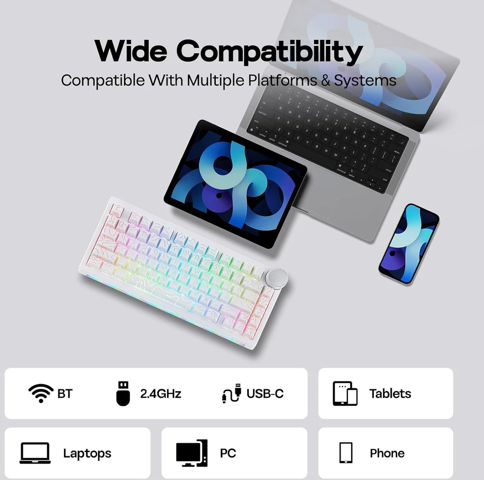 EPOMAKER AJAZZ AK820 V2 mechaninė žaidimų klaviatūra, 75% QWERTY, RGB, bevielė, Hot-Swap, balta