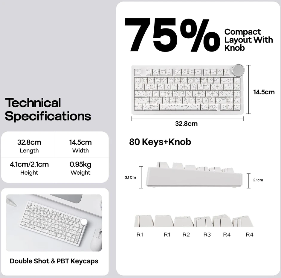 EPOMAKER AJAZZ AK820 V2 mechaninė žaidimų klaviatūra, 75% QWERTY, RGB, bevielė, Hot-Swap, balta