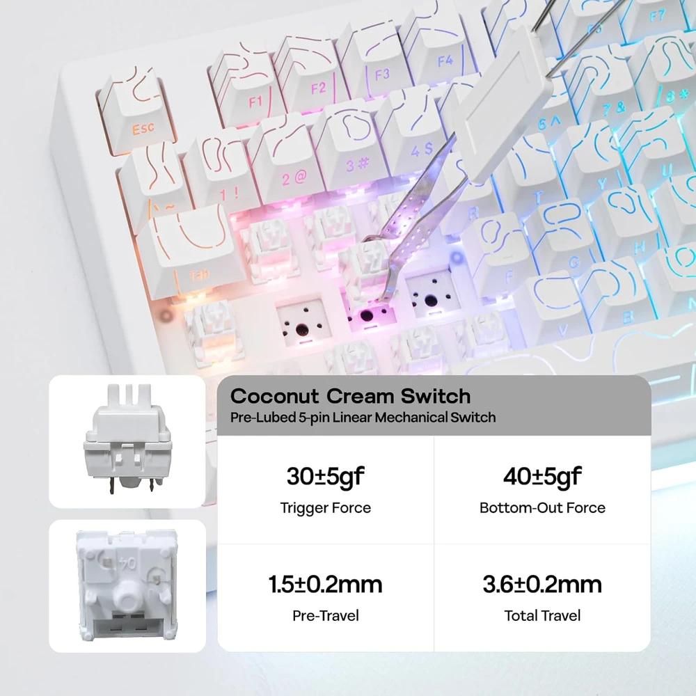 EPOMAKER AJAZZ AK820 V2 mechaninė žaidimų klaviatūra, 75% QWERTY, RGB, bevielė, Hot-Swap, balta