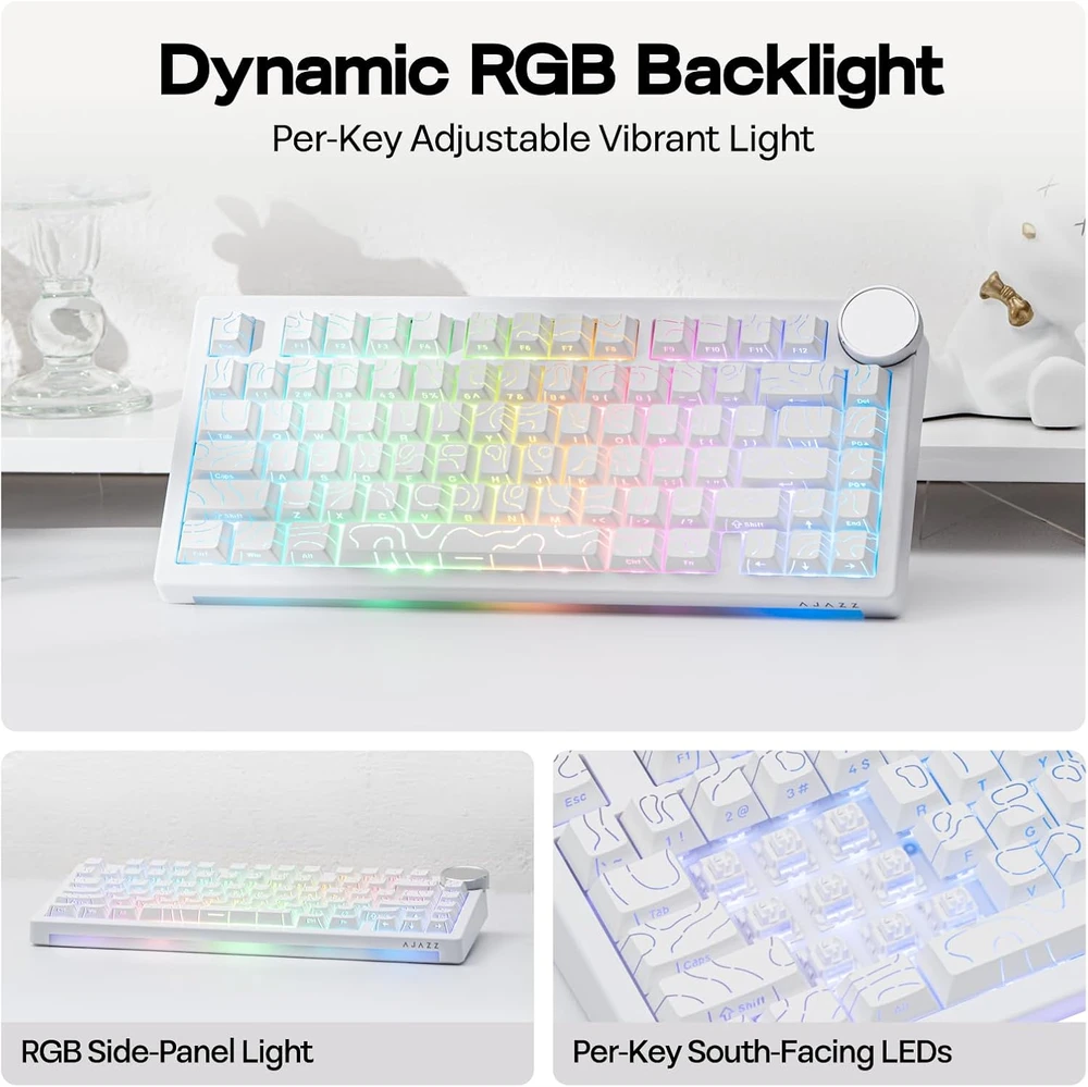 EPOMAKER AJAZZ AK820 V2 mechaninė žaidimų klaviatūra, 75% QWERTY, RGB, bevielė, Hot-Swap, balta