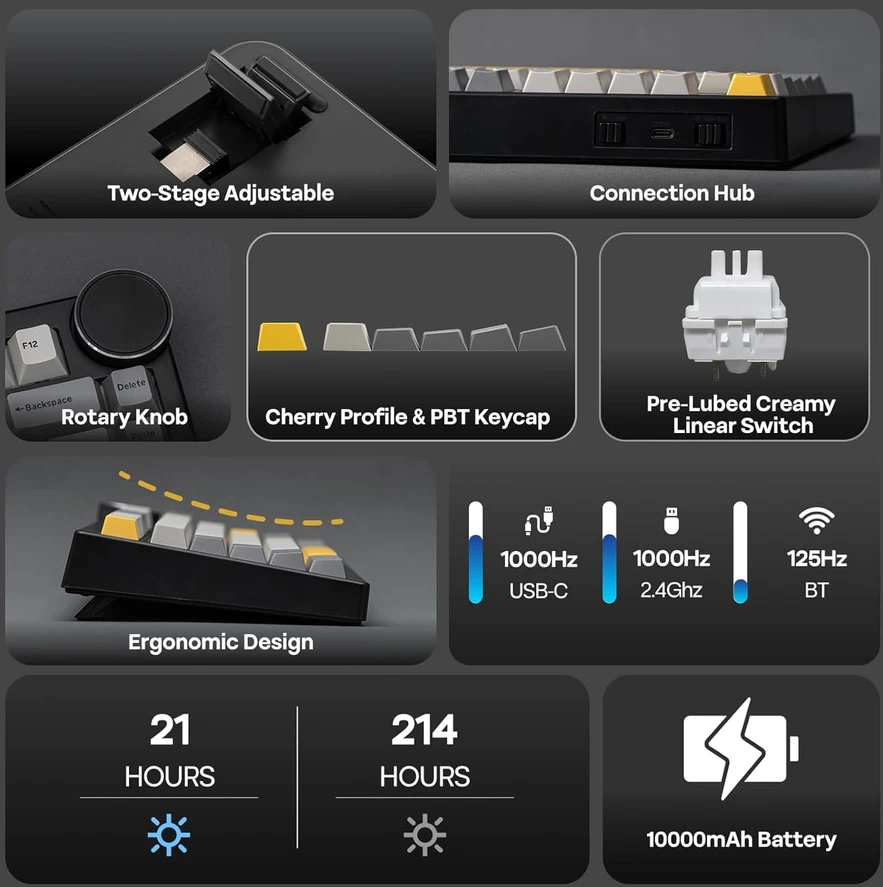 Epomaker AK820 V2 belaidė mechaninė klaviatūra 75% su RGB, 2.4 GHz, Bluetooth, Hot-Swap