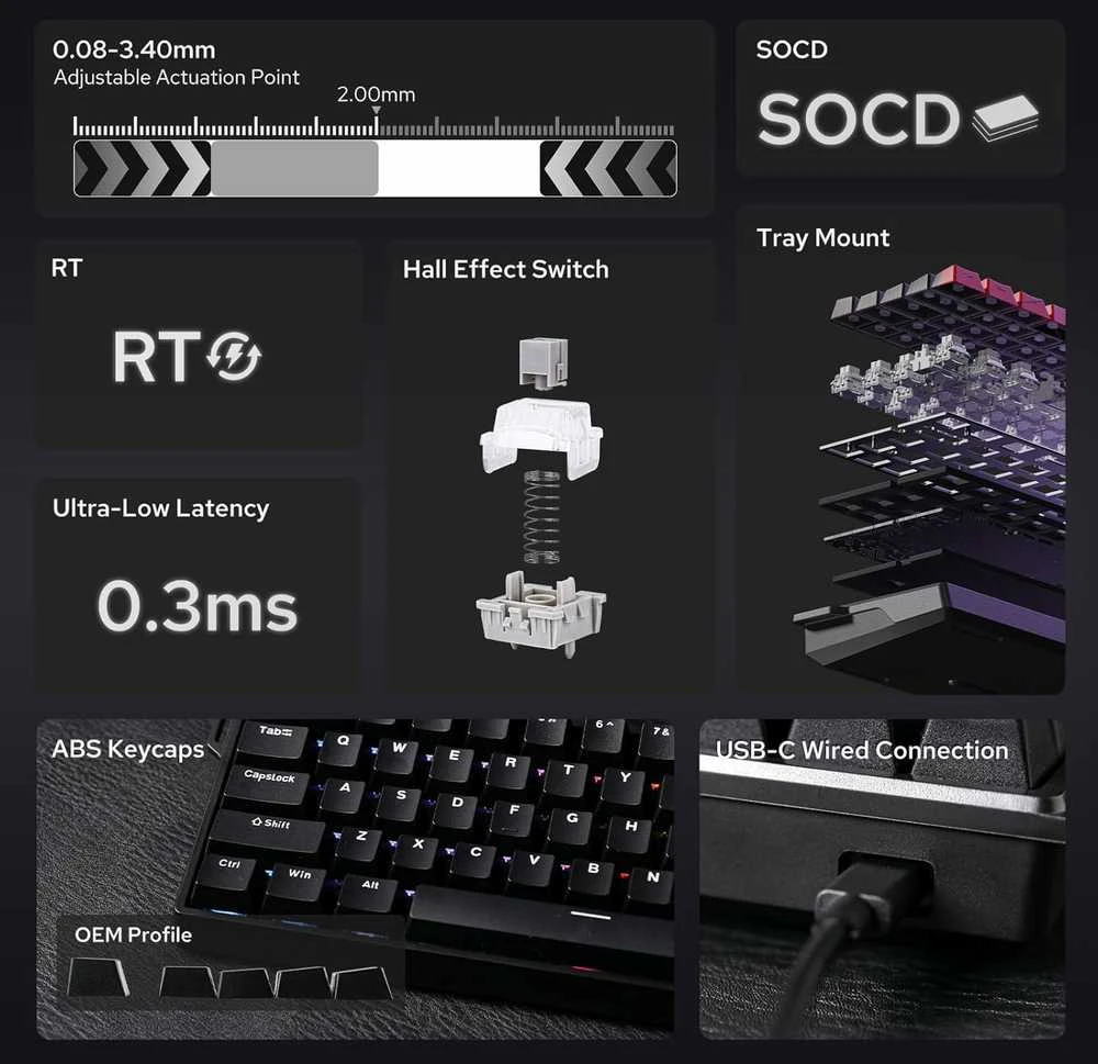 EPOMAKER AULA WIN68 HE 65% laidinė magnetinė žaidimų klaviatūra, RGB, Halla efekto jungikliai, juoda