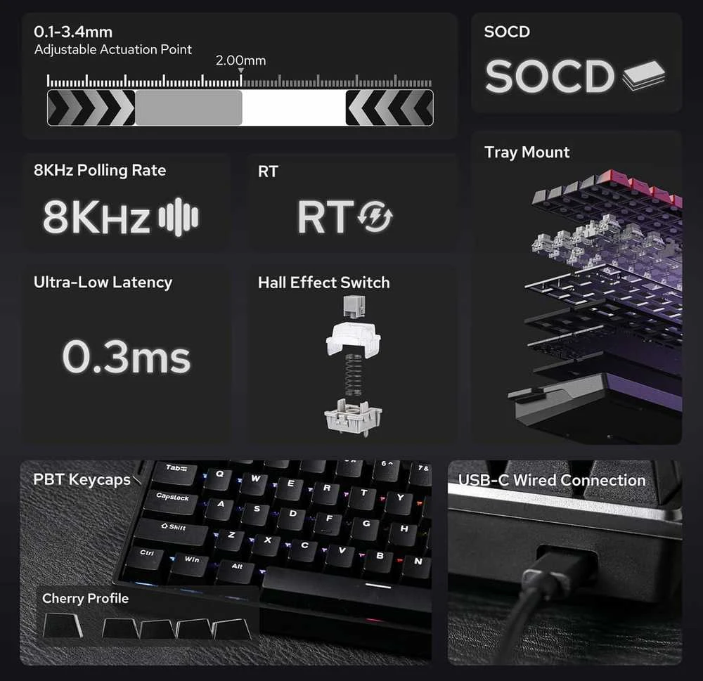 EPOMAKER AULA WIN68 HE 65% laidinė magnetinė žaidimų klaviatūra, RGB, Halla efekto jungikliai, juoda