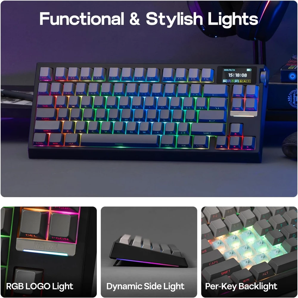 EPOMAKER belaidė mechaninė klaviatūra 75 proc. 81 mygtukas, silikoniniai klavišai, RGB, Hot Swap, 8000mAh, US QWERTY, G84 PRO
