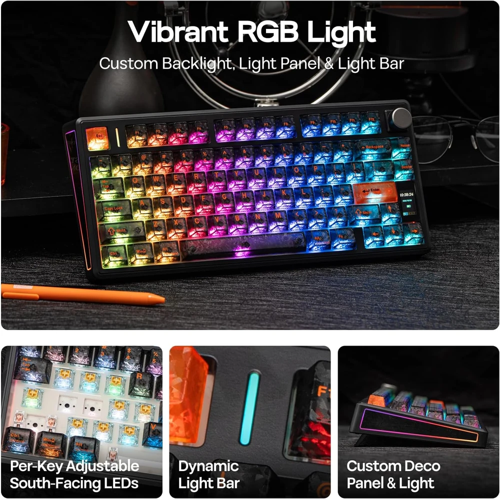 EPOMAKER belaidė mechaninė klaviatūra 75% RGB, 10000mAh, ekranas, hot-swap, TH80 V2 PRO