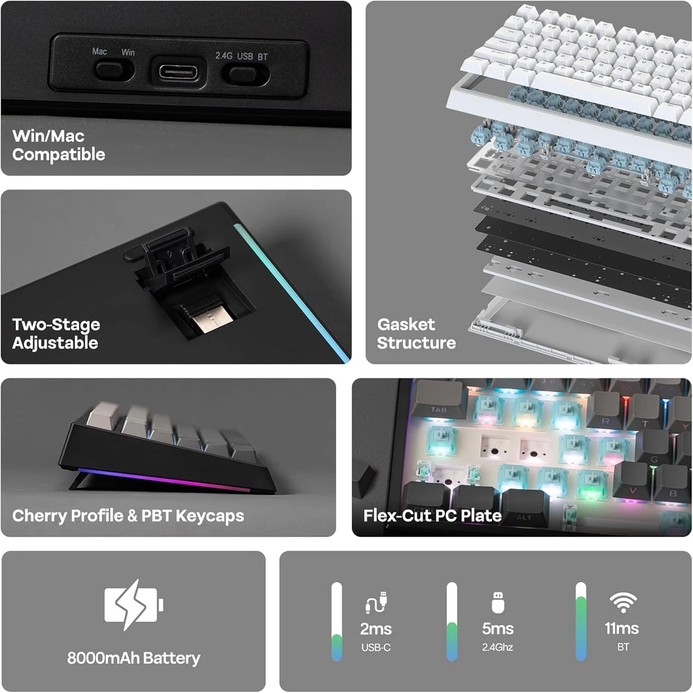 EPOMAKER belaidė mechaninė klaviatūra 75 proc. 81 mygtukas, silikoniniai klavišai, RGB, Hot Swap, 8000mAh, US QWERTY, G84 PRO