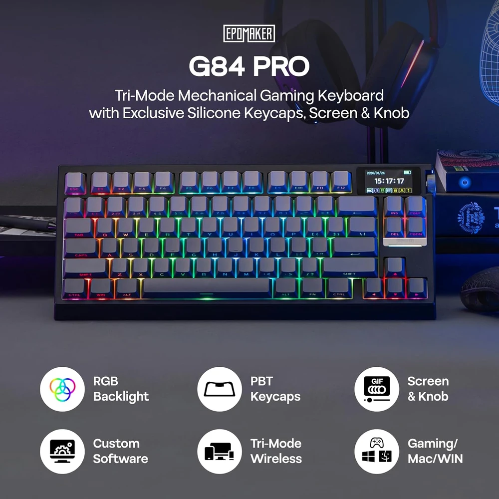 EPOMAKER belaidė mechaninė klaviatūra 75 proc. 81 mygtukas, silikoniniai klavišai, RGB, Hot Swap, 8000mAh, US QWERTY, G84 PRO