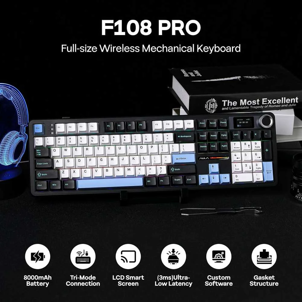 EPOMAKER belaidė mechaninė klaviatūra su ekranu, 8000 mAh, RGB, 104 klavišai, F108 PRO