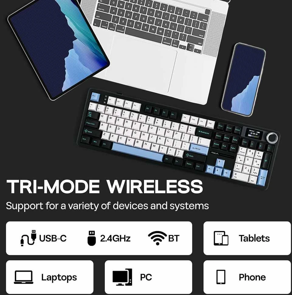EPOMAKER belaidė mechaninė klaviatūra su ekranu, 8000 mAh, RGB, 104 klavišai, F108 PRO