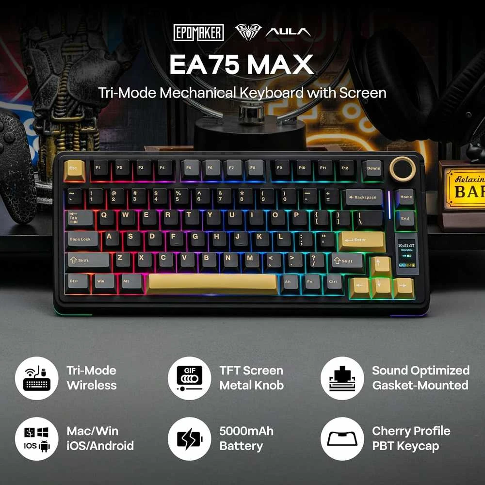 EPOMAKER belaidė mechaninė klaviatūra su RGB apšvietimu, 75 %, 5000 mAh, ekranas EA75 MAX
