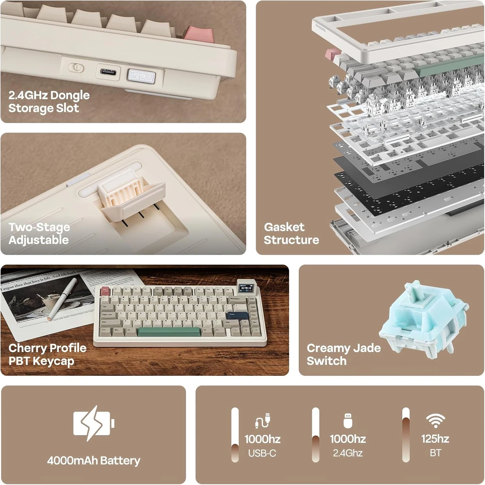 Epomaker belaidė mechaninė klaviatūra su LCD ekranu, 75%, 80 klavišų, RGB, QMK/VIA, RT82