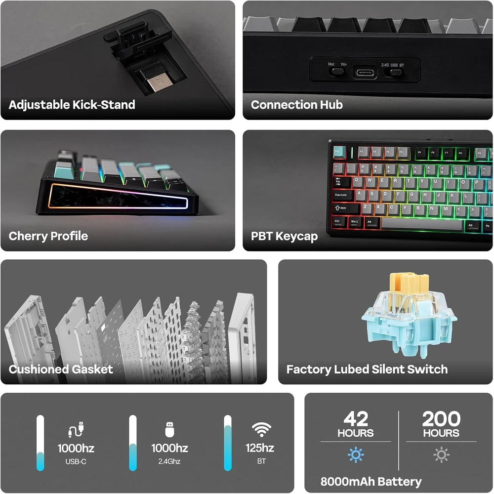 EPOMAKER belaidė mechaninė žaidimų klaviatūra 75% RGB, Hot-Swap, 8000mAh, TH80 V2