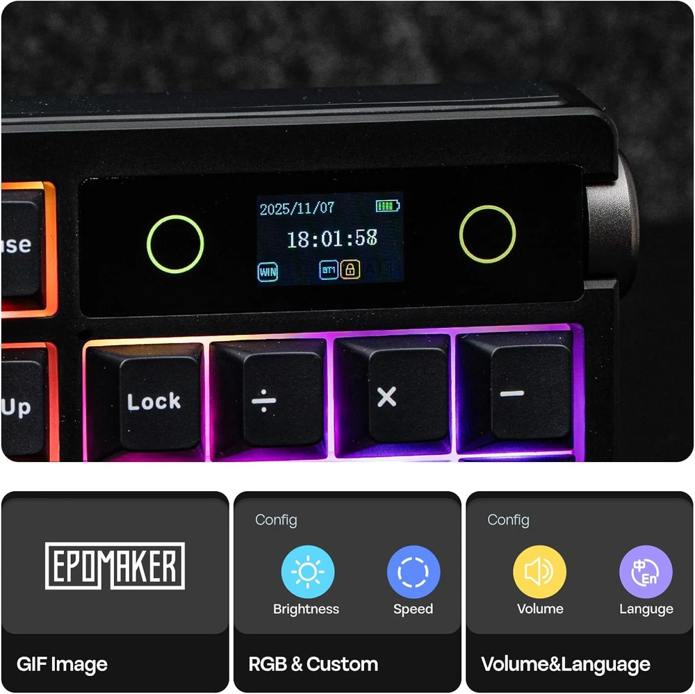 Epomaker belaidė mechaninė žaidimų klaviatūra su RGB, ekranu ir ratuku, 10000 mAh, 104 klavišai, TH108 PRO