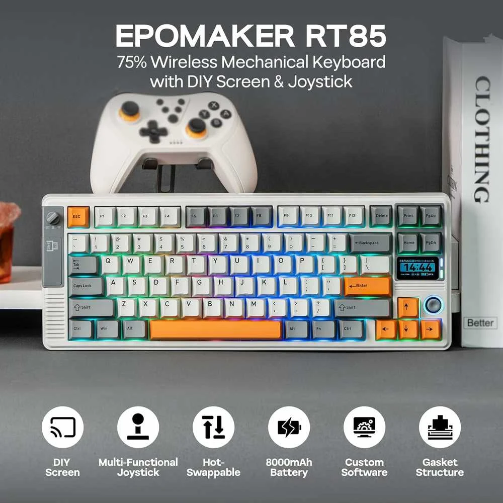 EPOMAKER belaidė mechaninė žaidimų klaviatūra su valdikliu, RGB, 75 %, 8000 mAh, RT85