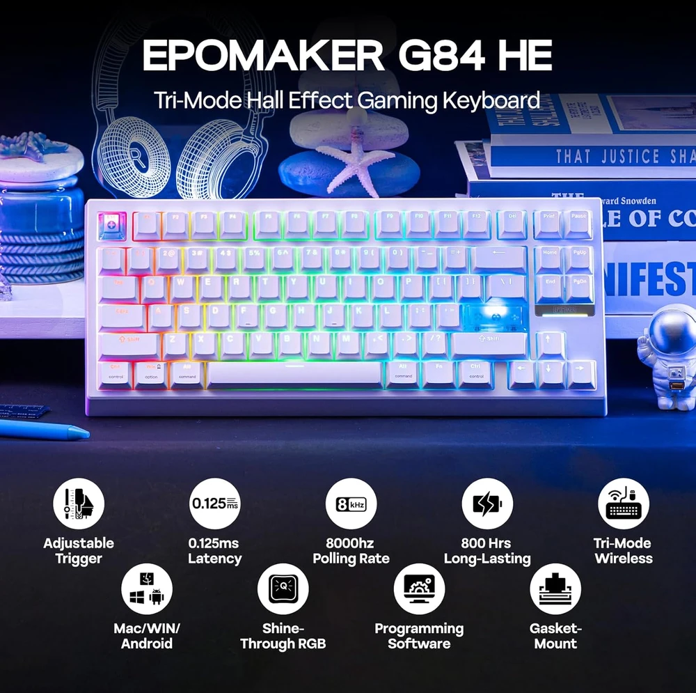 EPOMAKER belaidė žaidimų klaviatūra G84 HE, magnetiniai Hall efektų jungikliai, RGB, QWERTY, 8K Hz, Win/Mac
