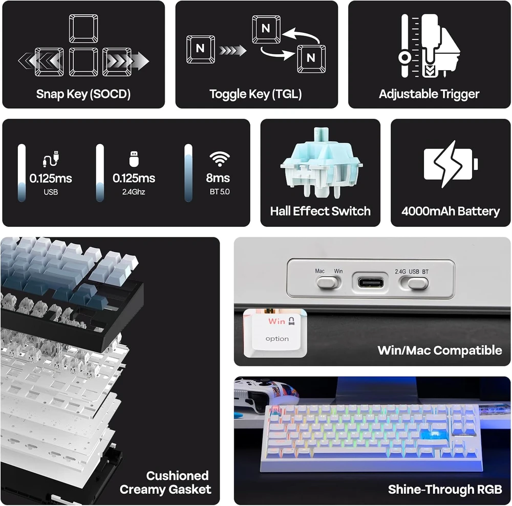 EPOMAKER belaidė žaidimų klaviatūra G84 HE, magnetiniai Hall efektų jungikliai, RGB, QWERTY, 8K Hz, Win/Mac