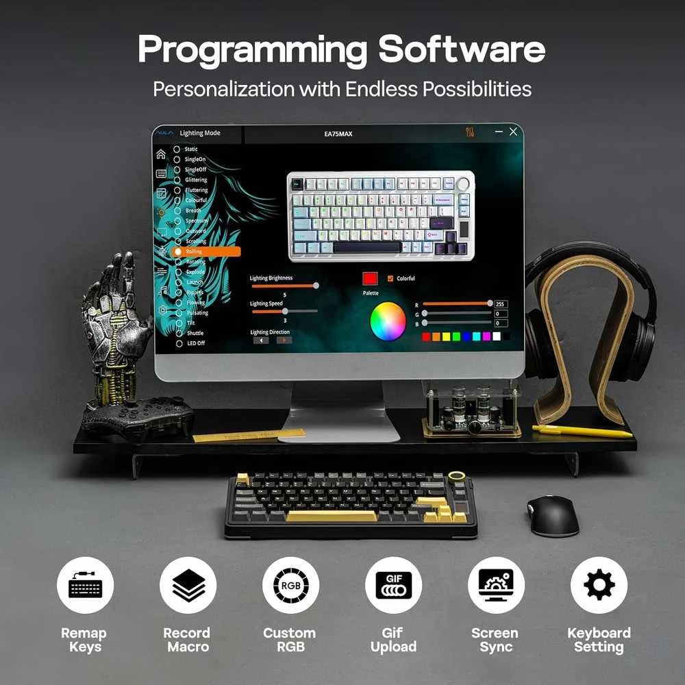 EPOMAKER EA75 MAX belaidė 75% mechaninė žaidimų klaviatūra su RGB, TFT ekranu ir Ice jungikliais, juoda