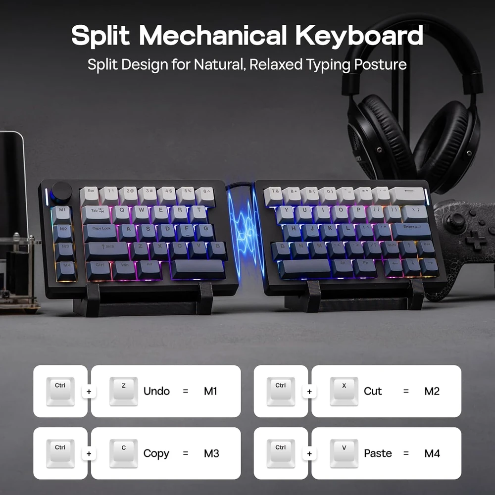 EPOMAKER ergonominė belaidė mechaninė klaviatūra Split70 su RGB, QMK/VIA, 71 klavišu ir PBT klavišais
