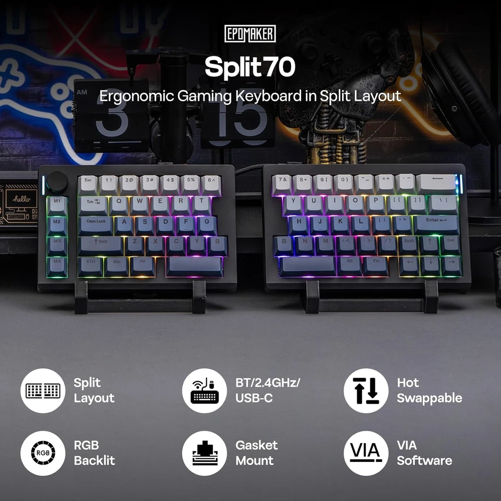 EPOMAKER ergonominė belaidė mechaninė klaviatūra Split70 su RGB, QMK/VIA, 71 klavišu ir PBT klavišais