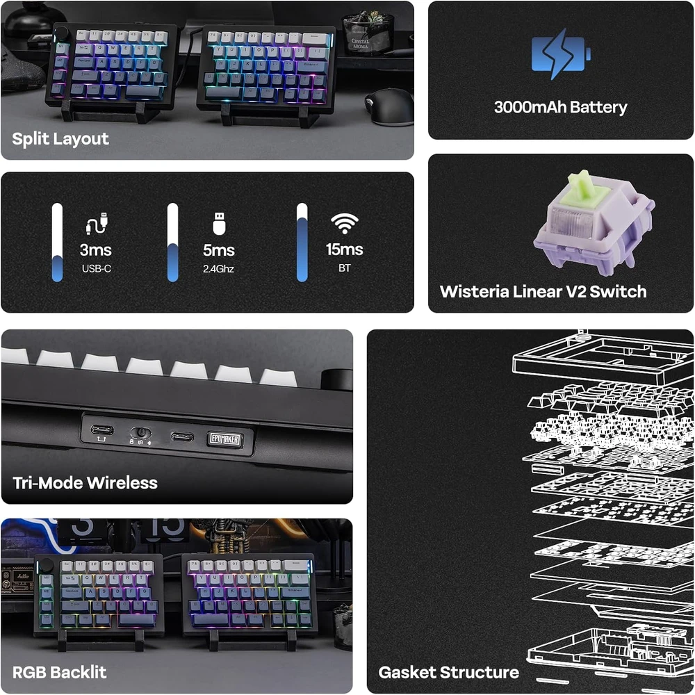 EPOMAKER ergonominė belaidė mechaninė klaviatūra Split70 su RGB, QMK/VIA, 71 klavišu ir PBT klavišais