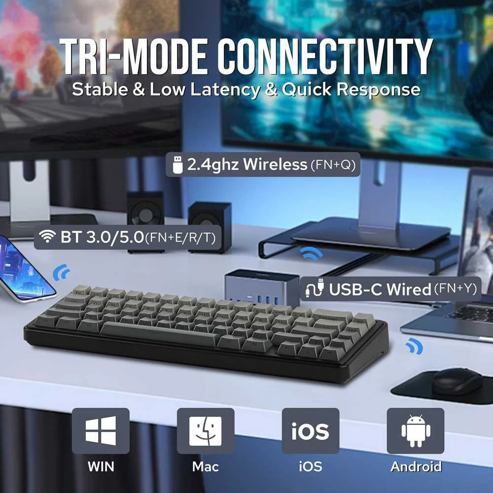 EPOMAKER F65 65% mechaninė tri-režimo RGB klaviatūra, juoda