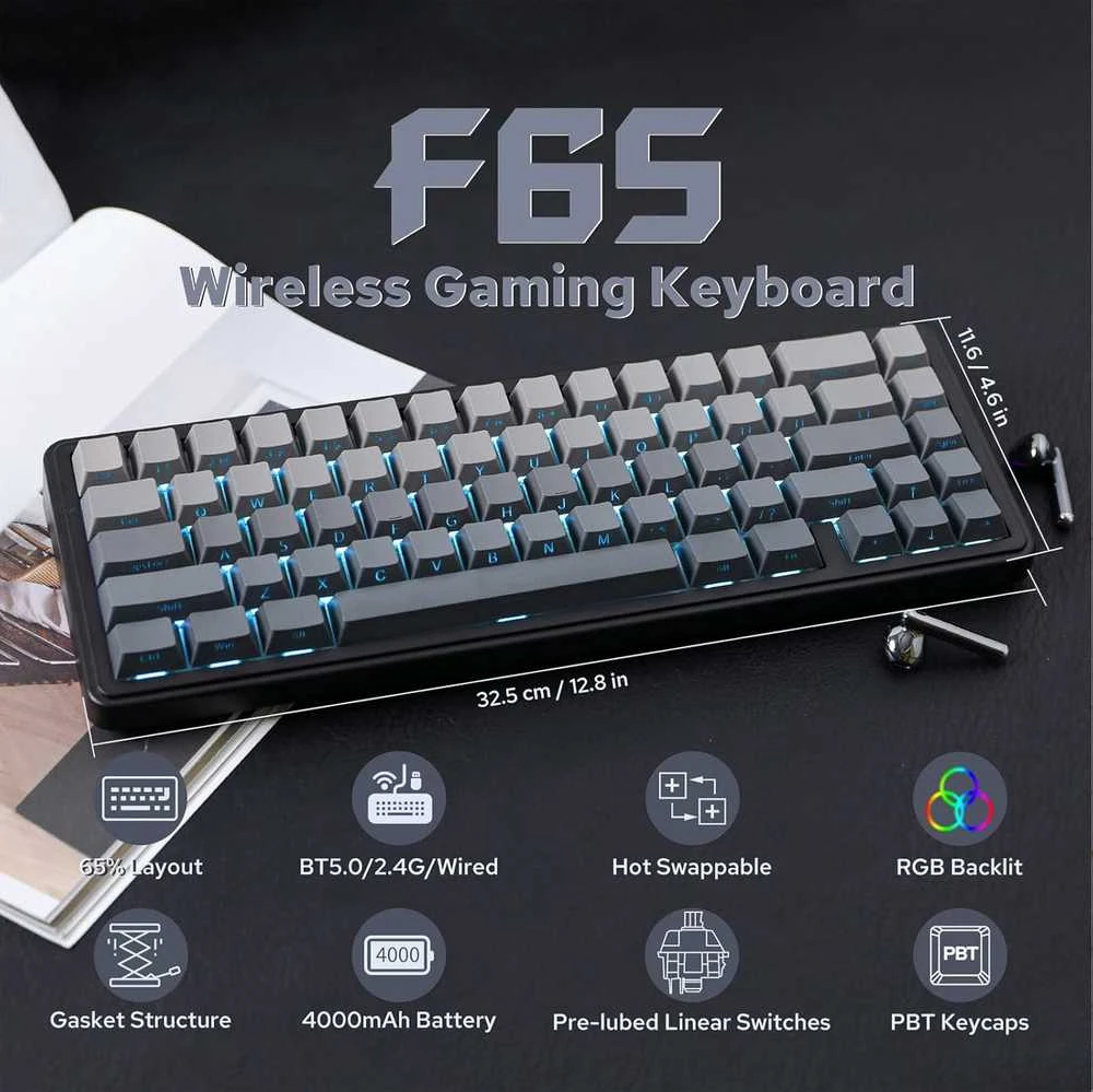 EPOMAKER F65 65% mechaninė tri-režimo RGB klaviatūra, juoda