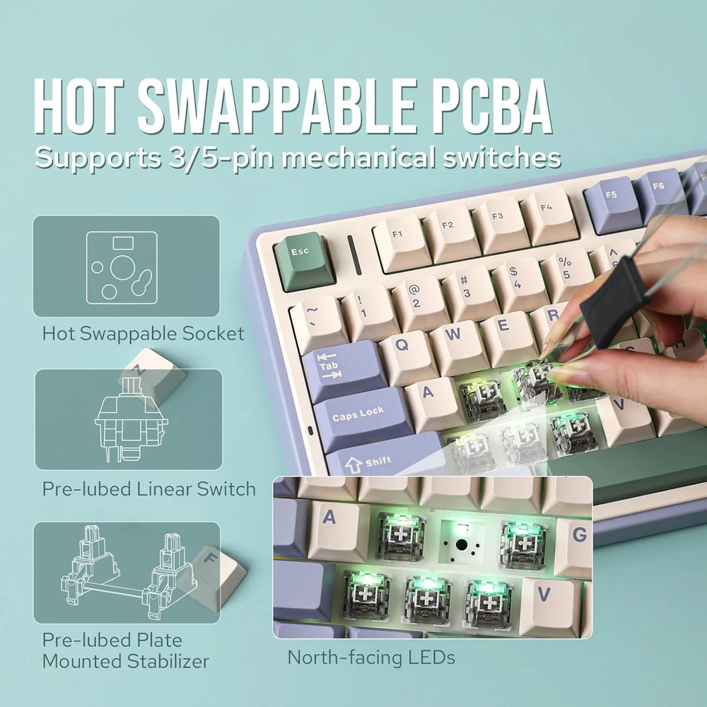 Epomaker F75 75% mechaninė belaidė klaviatūra su RGB apšvietimu ir Hot-Swap, žalia