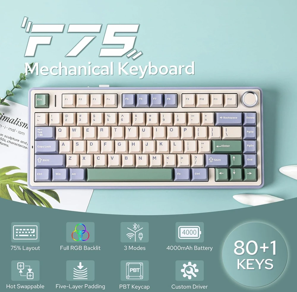 Epomaker F75 75% mechaninė belaidė klaviatūra su RGB apšvietimu ir Hot-Swap, žalia