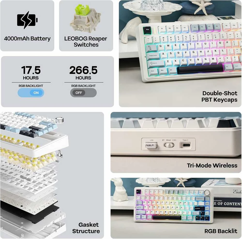 EPOMAKER F75 belaidė mechaninė žaidimų klaviatūra 75% su RGB ir garso ratuku