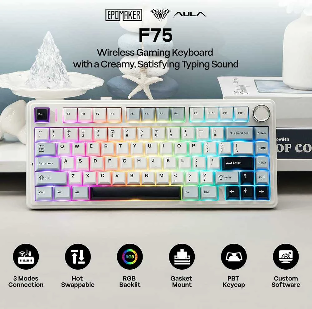 EPOMAKER F75 belaidė mechaninė žaidimų klaviatūra 75% su RGB ir garso ratuku
