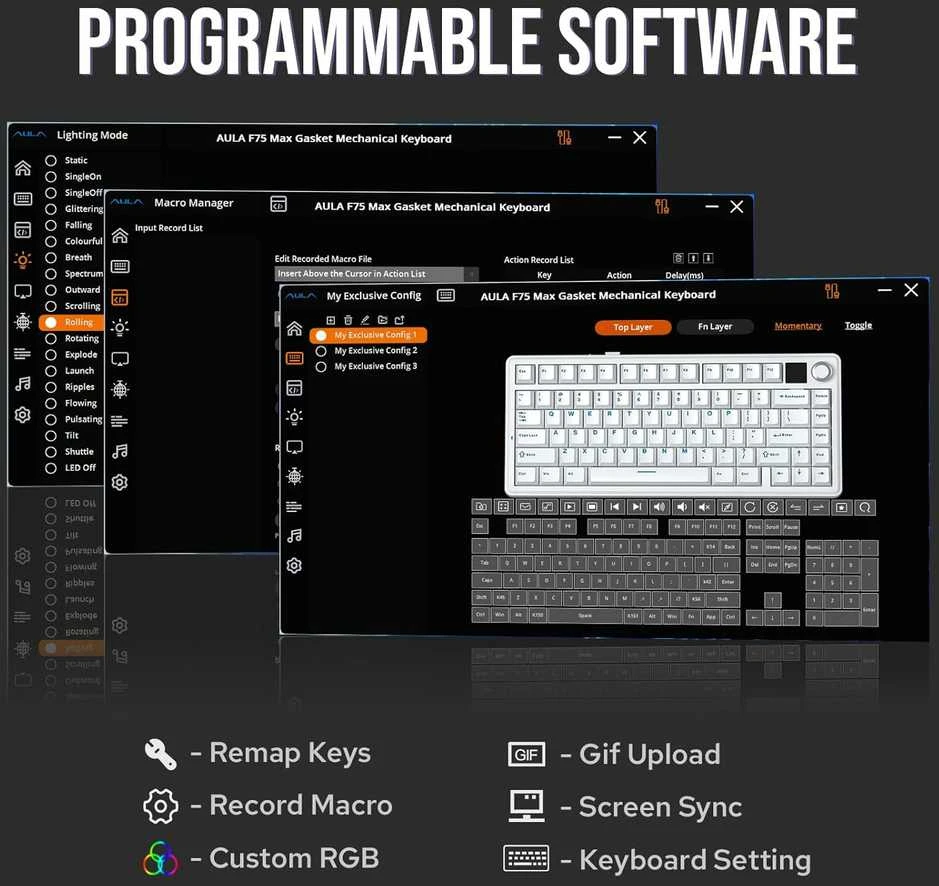 EPOMAKER F75 MAX belaidė mechaninė žaidimų klaviatūra 75% su TFT ekranu, US QWERTY, juoda