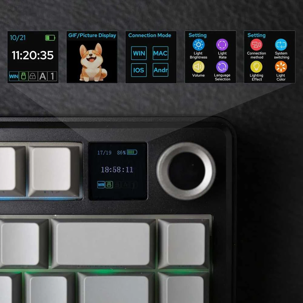 EPOMAKER F75 MAX belaidė mechaninė žaidimų klaviatūra 75% su TFT ekranu, US QWERTY, juoda