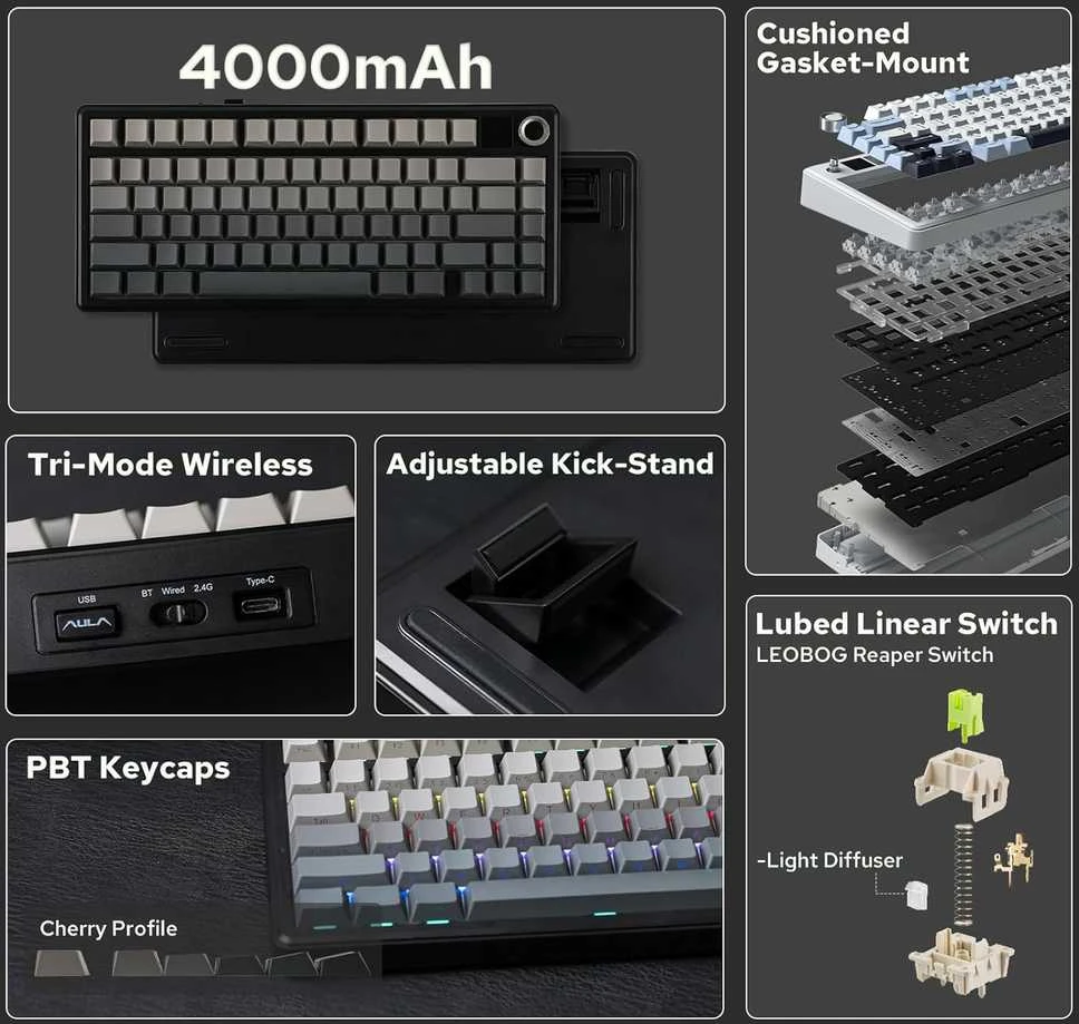 EPOMAKER F75 MAX belaidė mechaninė žaidimų klaviatūra 75% su TFT ekranu, US QWERTY, juoda