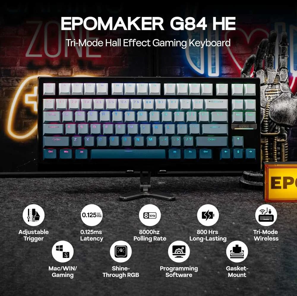 EPOMAKER G84 HE belaidė 75% magnetinė mechaninė žaidimų klaviatūra, RGB, 8000 mAh
