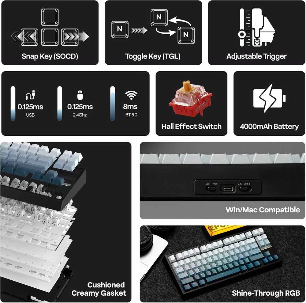 EPOMAKER G84 HE belaidė 75% magnetinė mechaninė žaidimų klaviatūra, RGB, 8000 mAh