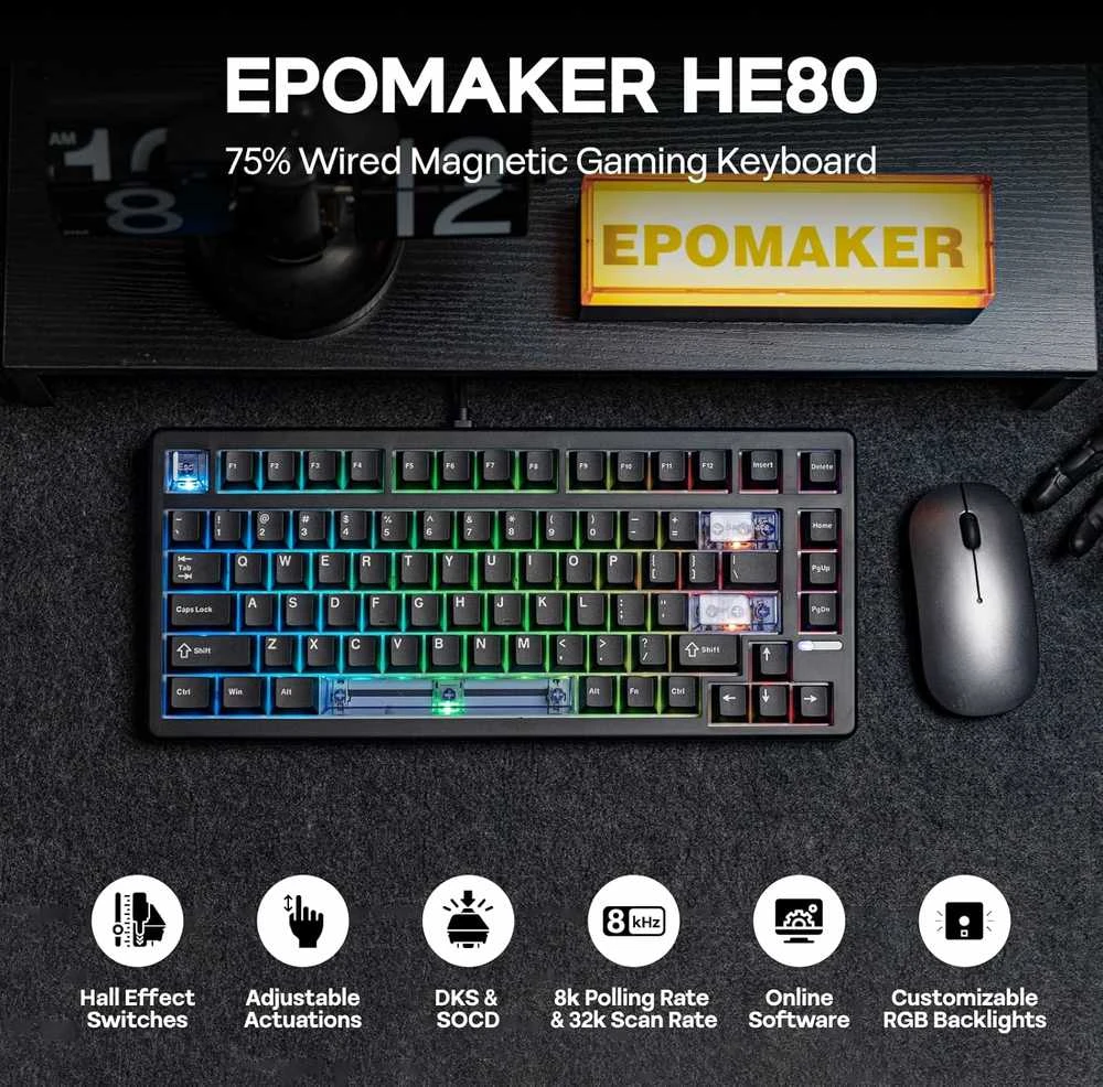 EPOMAKER HE80 laidinė žaidimų klaviatūra 75% Hall Effect, RGB, PBT, juoda