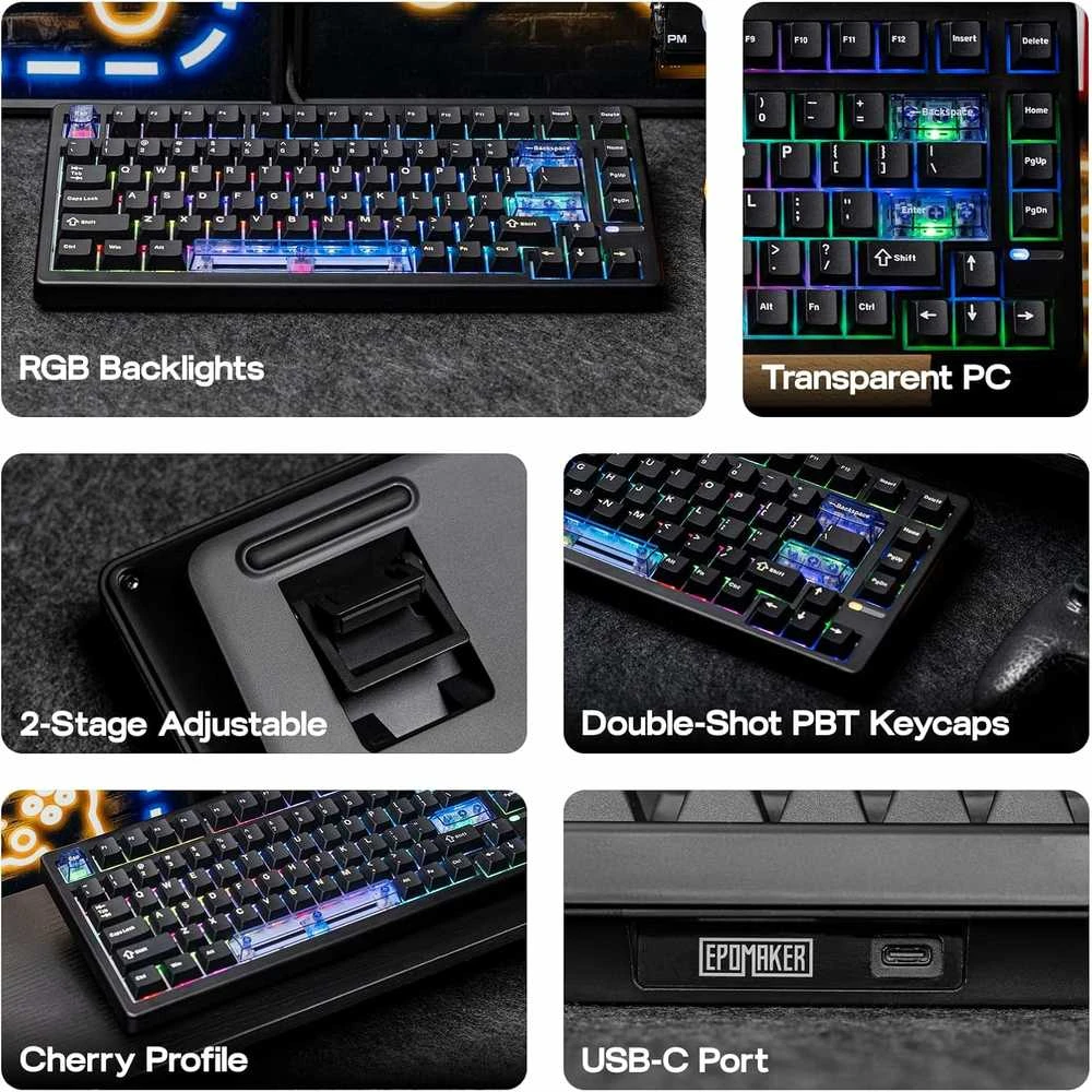 EPOMAKER HE80 laidinė žaidimų klaviatūra 75% Hall Effect, RGB, PBT, juoda