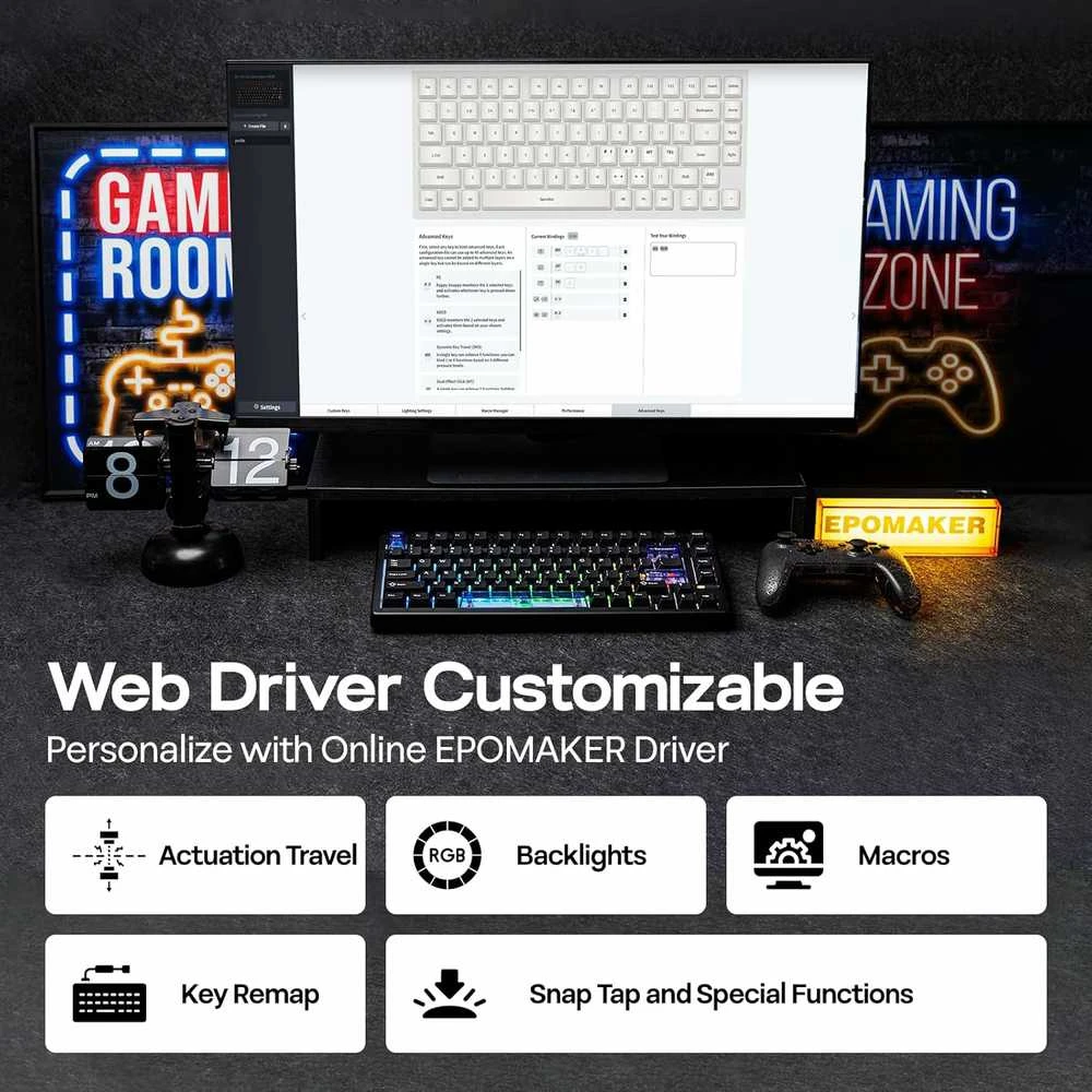 EPOMAKER HE80 laidinė žaidimų klaviatūra 75% Hall Effect, RGB, PBT, juoda